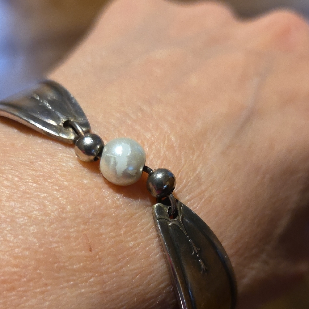 Spoon Handle Bracelet With Faux Pearl And Magnetic Closure. One Size Fits Most
